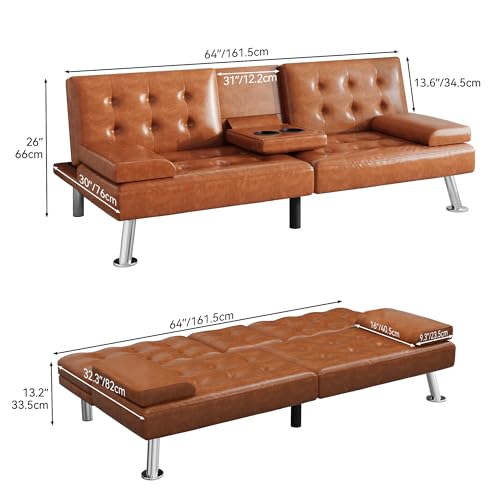 Black Faux Leather Futon Sofa Bed with Removable Armrests Z1964