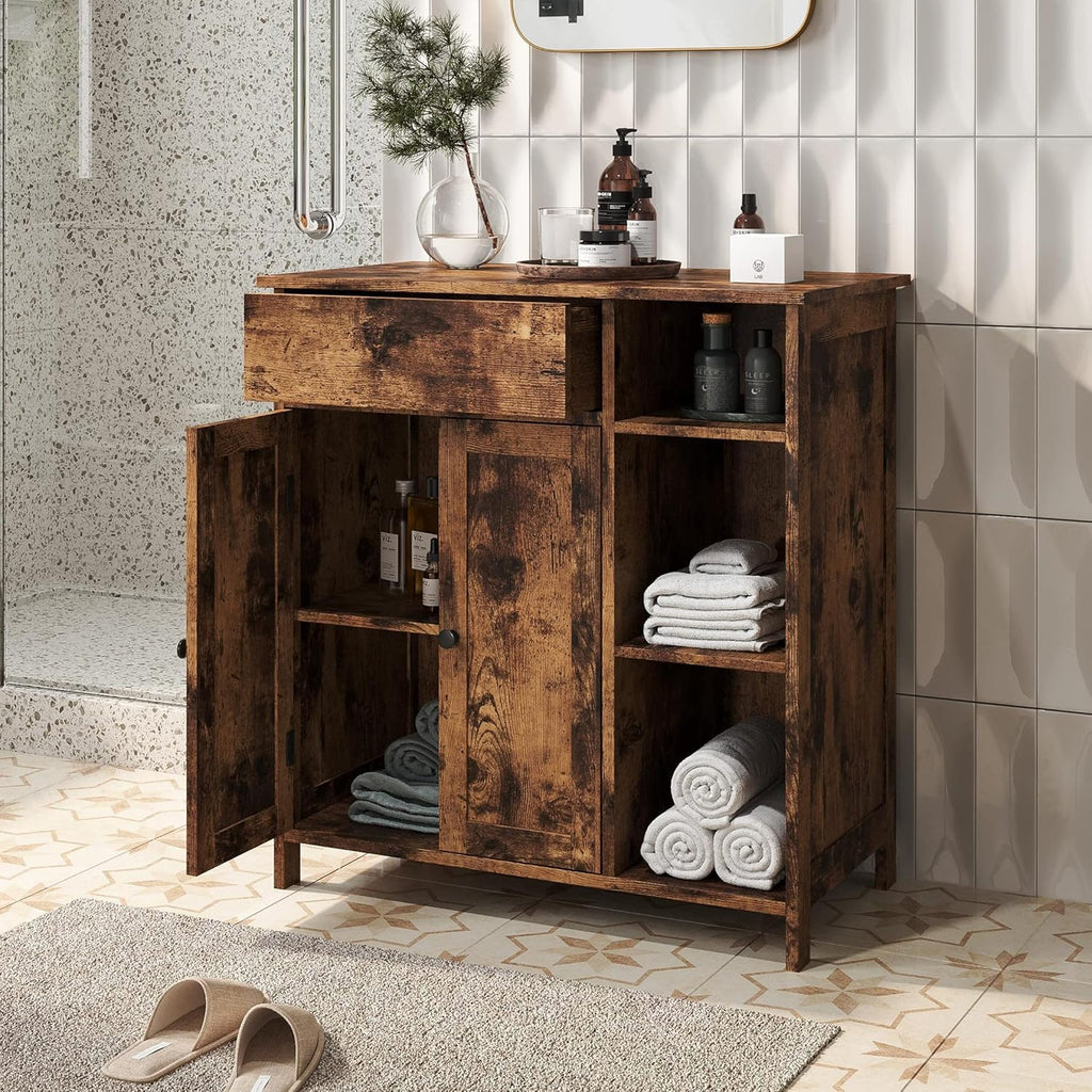 Free-Standing Bathroom Cabinet with 2 Door Drawer Adjustable Shelf 3 Open Shelves E233