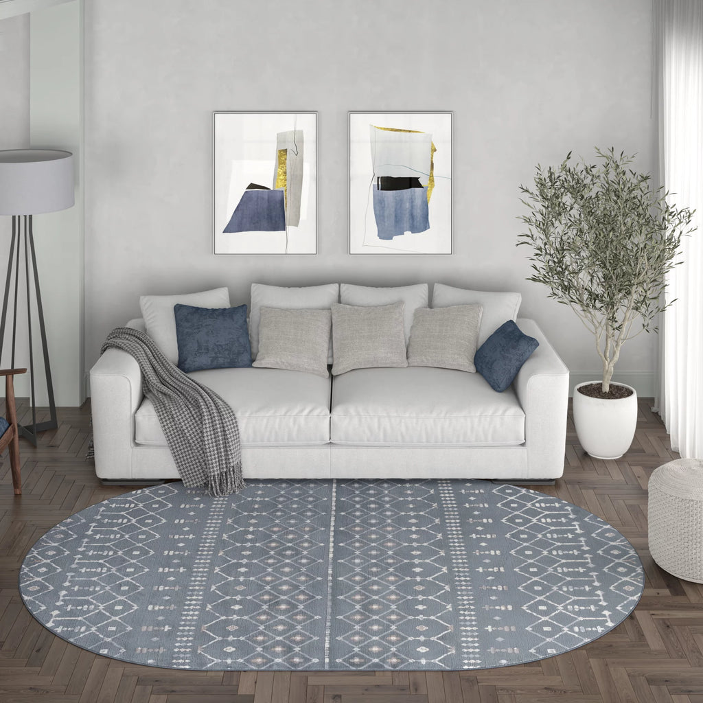5'3'' x 7'3'' Oval Geometric Dark Gray Cream Area Rug F109870