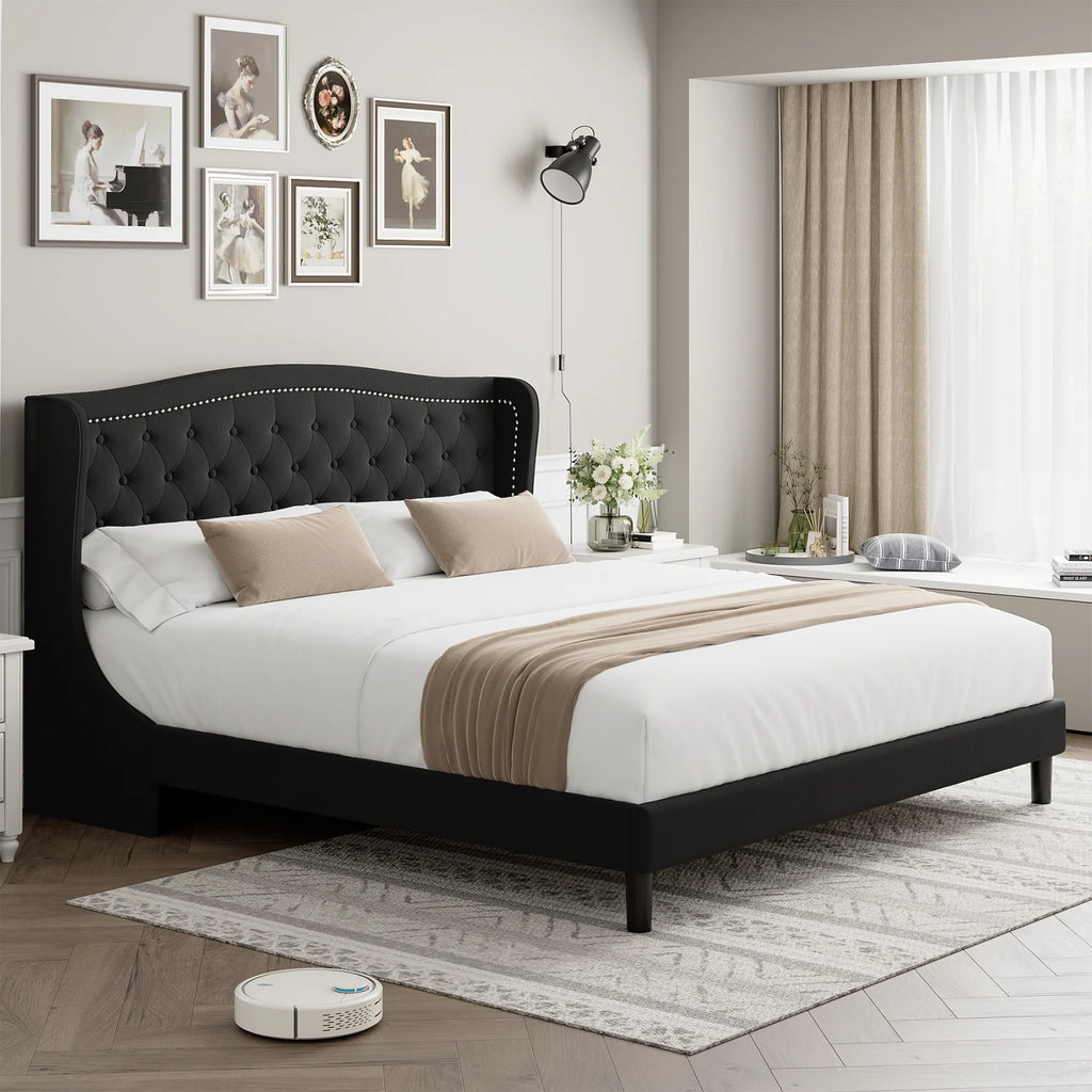 King Bed Frame with Wing-Back Button Tufted Upholstered Headboard L927
