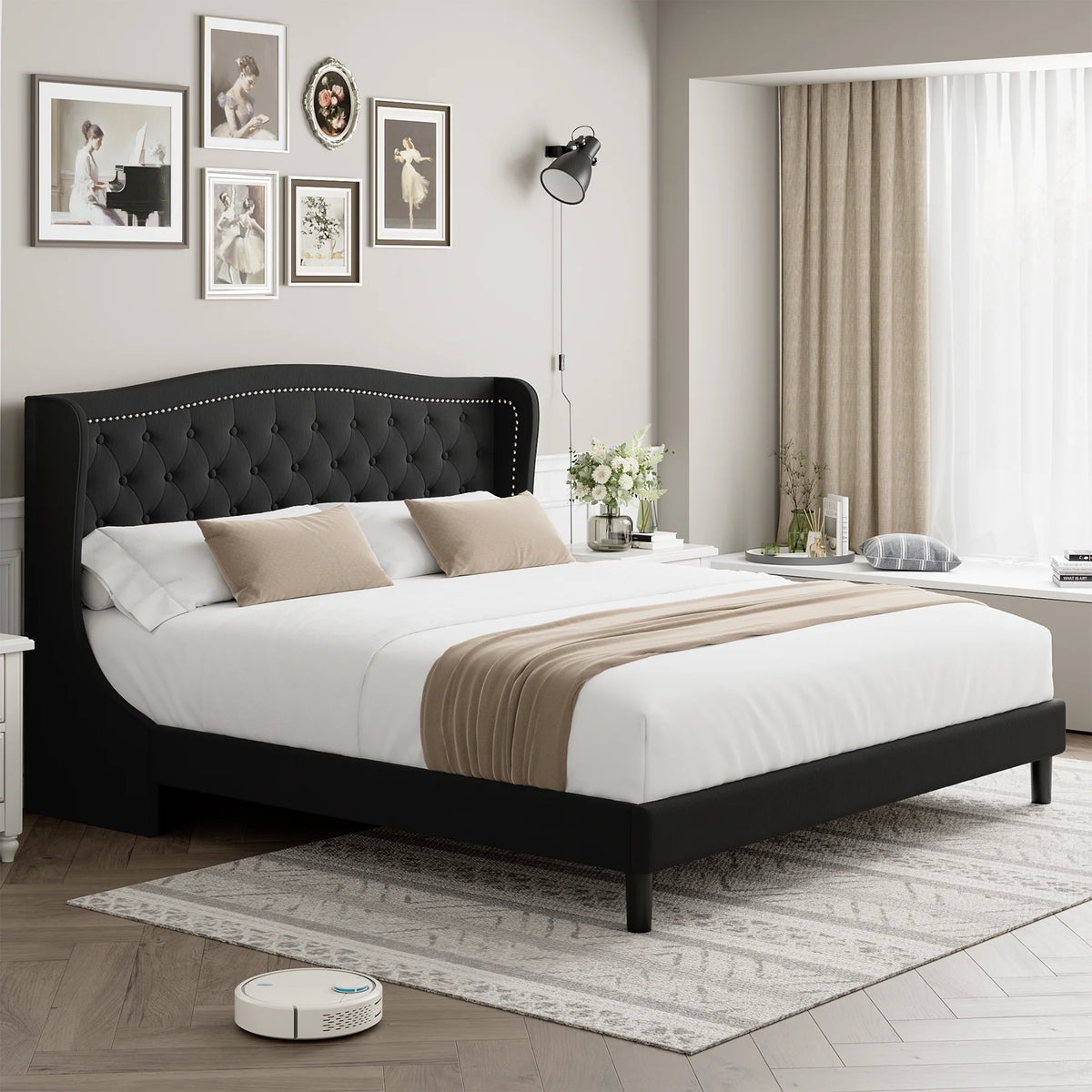 King Bed Frame with Wing-Back Button Tufted Upholstered Headboard L927