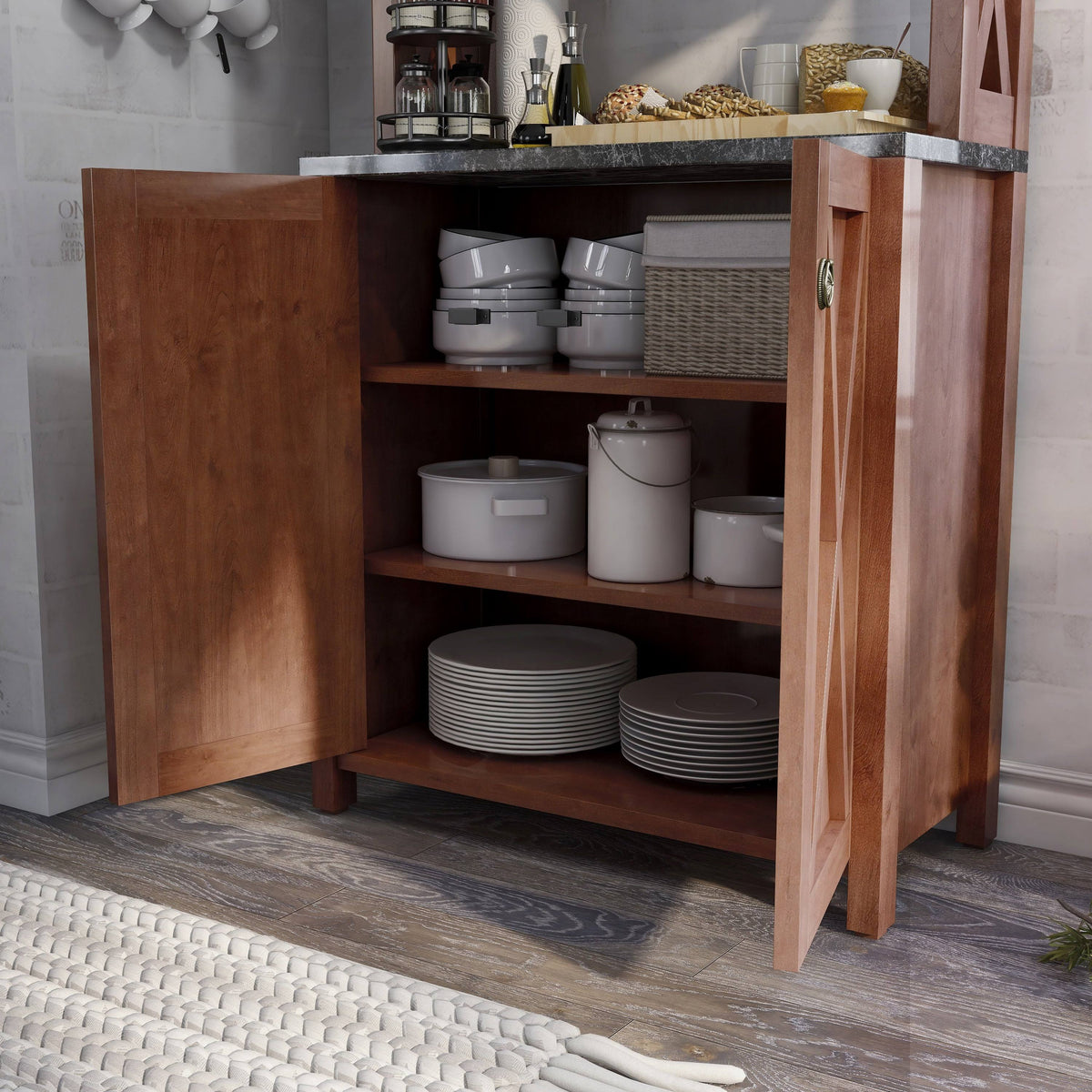 Rustic Walnut Kitchen Storage Hutch N3778