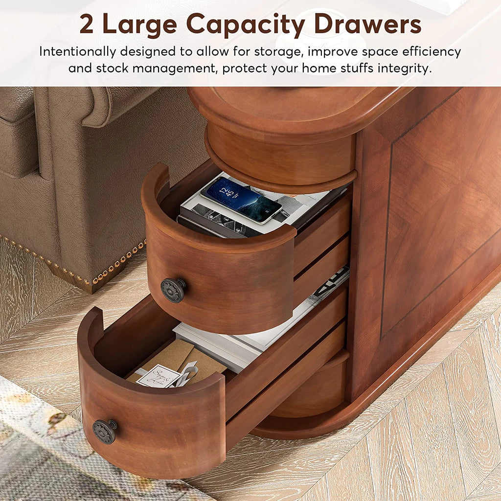 Half Round End Table with 2 Drawers, Sofa Side Desk with Storage, Slim Nightstand, Brown A154854