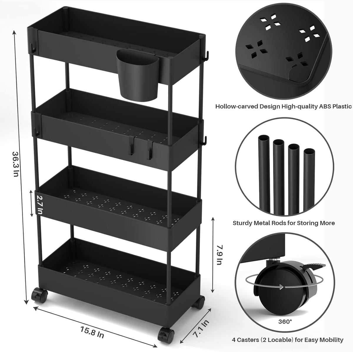 4 Tier Slim Rolling Storage Cart with Wheels D280882