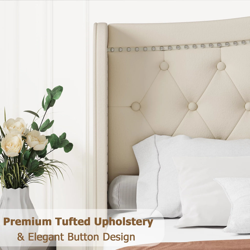 King Bed Frame with Wing-Back Button Tufted Upholstered Headboard L927