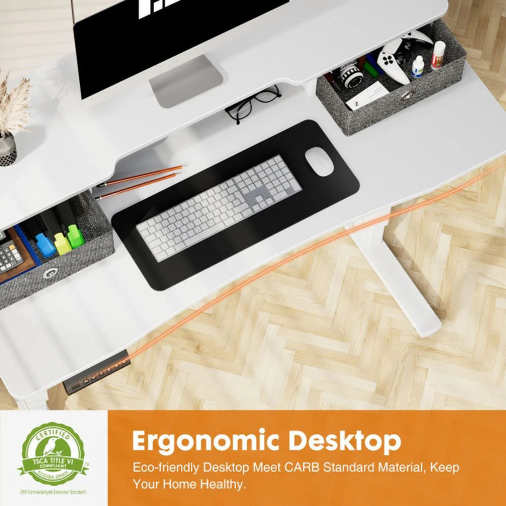 Height Adjustable Electric Standing Desk with Storage Shelf Double Drawer White W41784