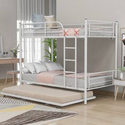 White Twin-Over-Twin Metal Bunk Bed with Trundle F18097