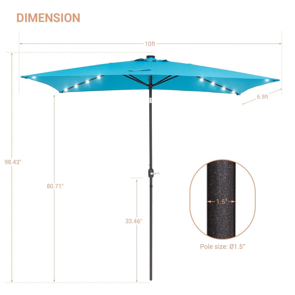 10 x 6.5ft LED Rectangle Outdoor Patio Umbrella with Polyester Canopy, Lake Blue I6849