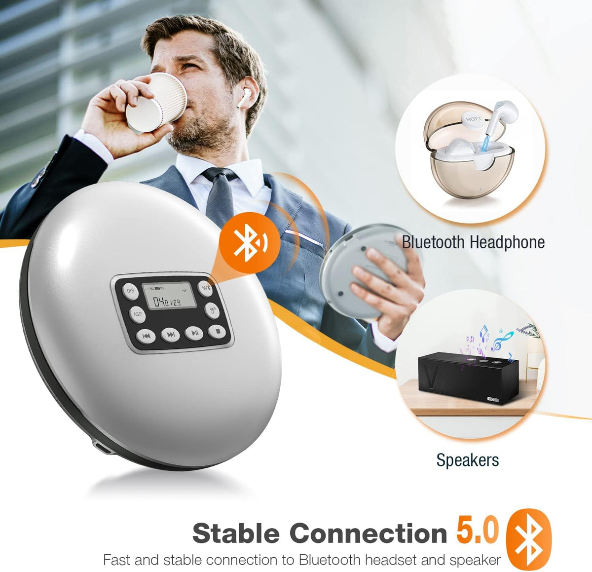 Portable CD Player with Bluetooth and Stereo Headphone W216