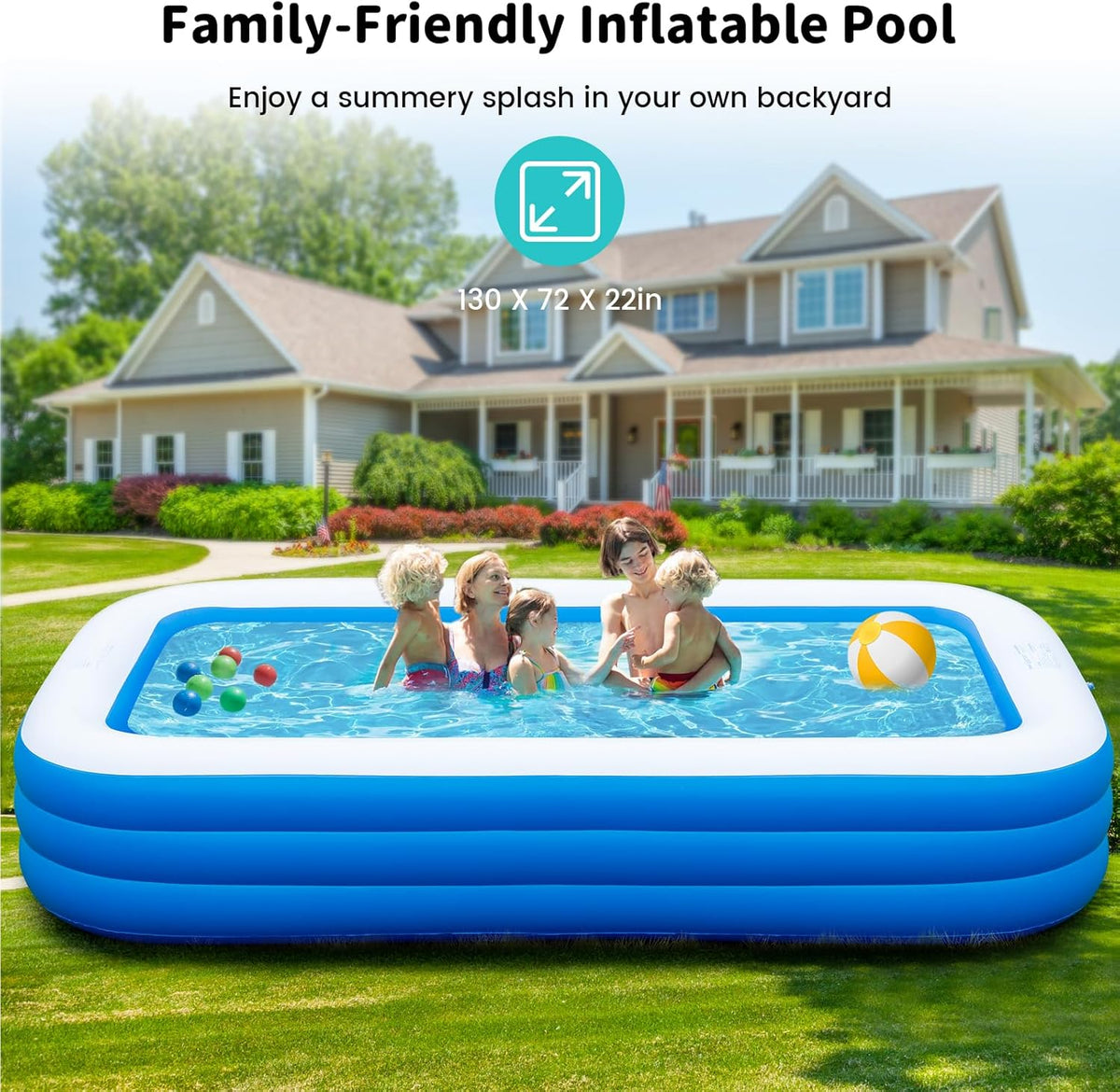 Extra Large Inflatable Pool 130"x 72" x 22" Oversized Blow Up Pool with Pump X72234