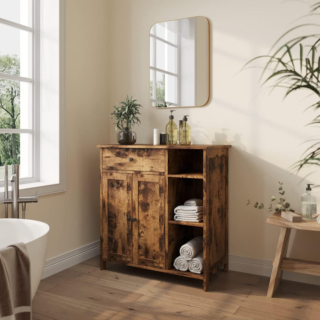 Free-Standing Bathroom Cabinet with 2 Door Drawer Adjustable Shelf 3 Open Shelves E233