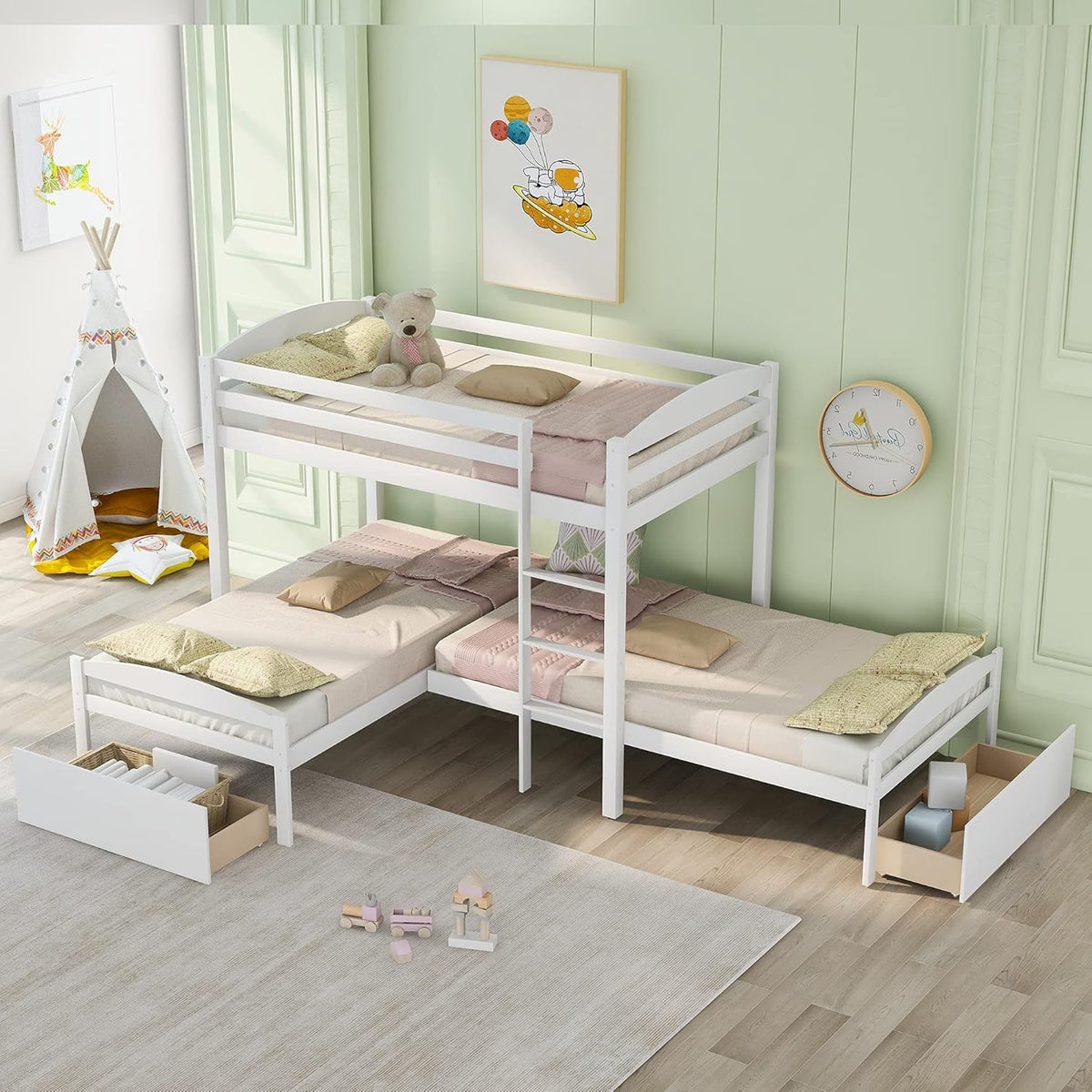 Twin Over Twin Wood Bunk Beds with Storage Staircase and Guardrails Q63551