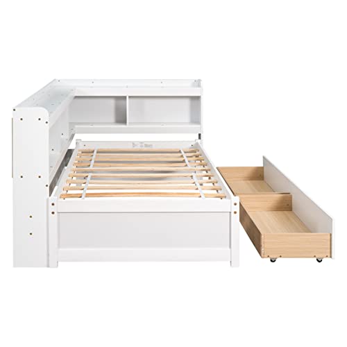 White Pine Wood Twin Size Platform Bed with L-shaped Bookcase Headboard and 2 Storage Drawers G608