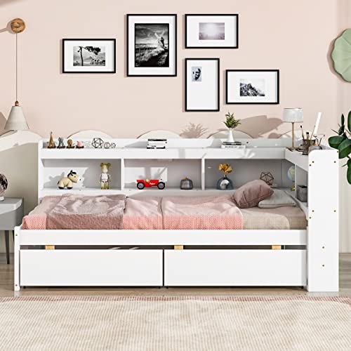 White Pine Wood Twin Size Platform Bed with L-shaped Bookcase Headboard and 2 Storage Drawers G608