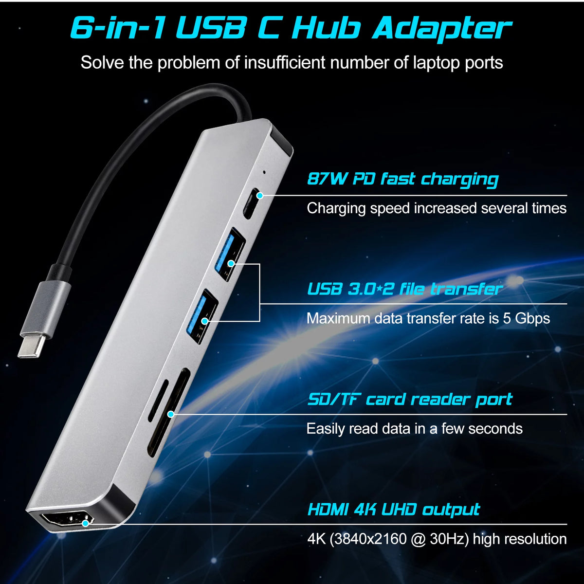 USB-C Hub 6 in 1 with 4K HDMI Output 3 USB 3.0 Ports SD/TF Card Reader H8612