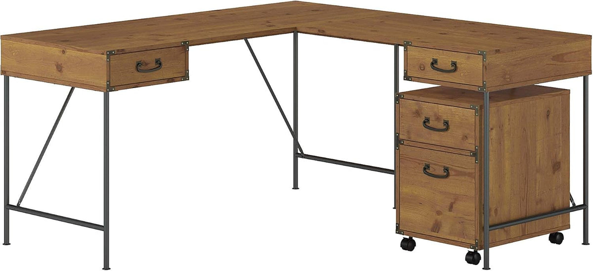 Vintage Golden Pine Writing Desk and 2 Drawer Mobile File Cabinet D64004
