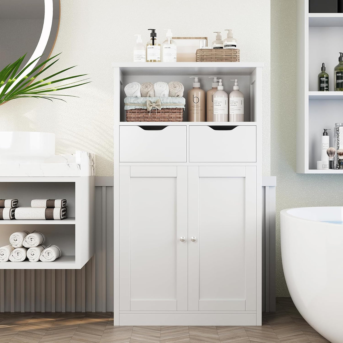White Floor Storage Cabinet with Doors and Drawers and Adjustable Shelf D695