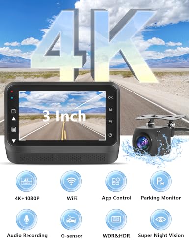4K+1080P WiFi Dual Dash Cam with 3’’ IPS Screen and 64GB Card D478
