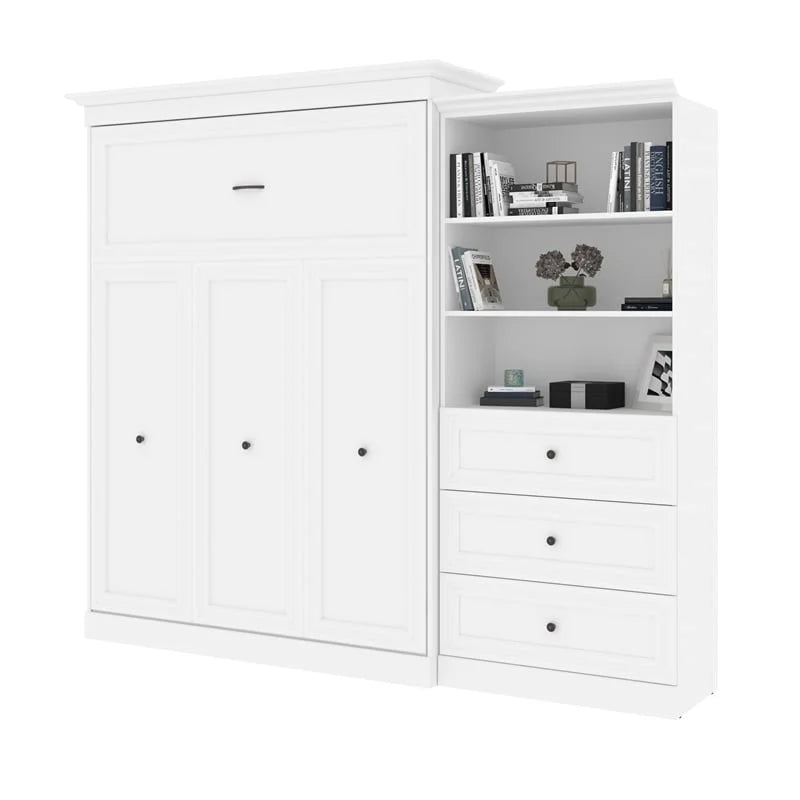 White Wood Queen Murphy Bed with Drawers A123