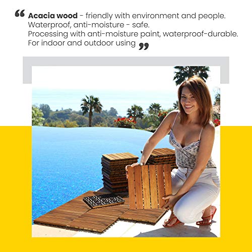 Interlocking Deck Tile (Pack of 10, 12"x12") Acacia Hardwood Patio Tile in Solid Acacia Wooden Oiled Finish Waterproof Golden Teak Color I3245