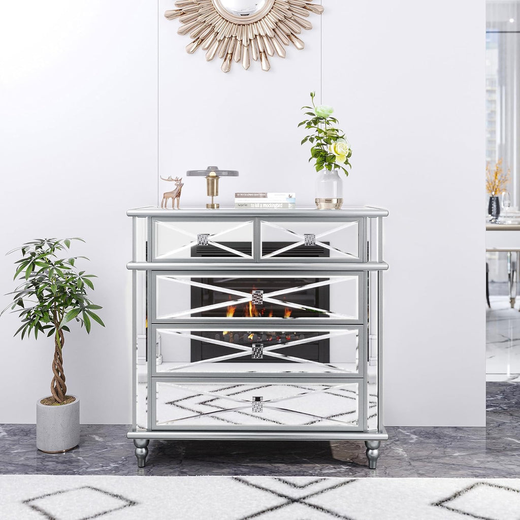 Silver Mirrored 5 Drawer Dresser with Wood Legs B53611