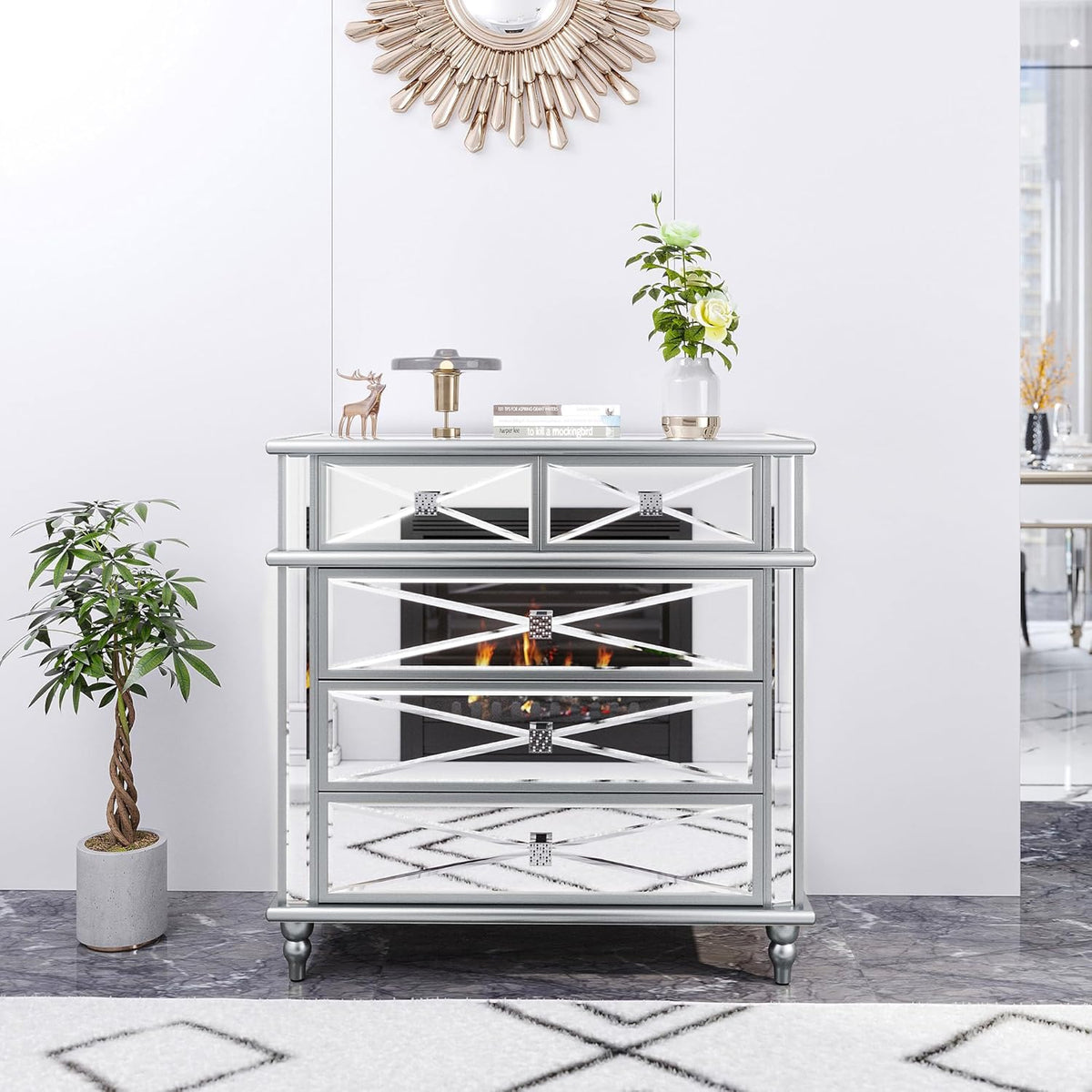Silver Mirrored 5 Drawer Dresser with Wood Legs B53611