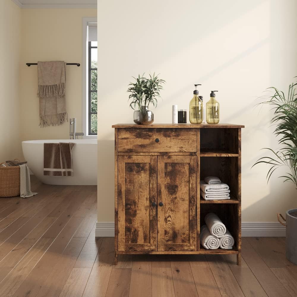 Free-Standing Bathroom Cabinet with 2 Door Drawer Adjustable Shelf 3 Open Shelves E233