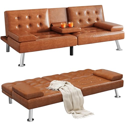 Black Faux Leather Futon Sofa Bed with Removable Armrests Z1964