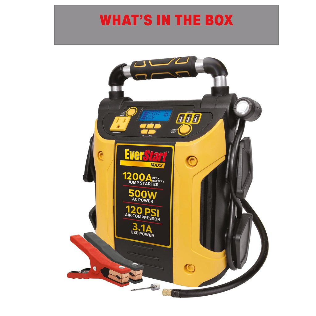 1200 Peak Amps Jump Starter with 500W Inverter and 120 PSI Compressor Y860