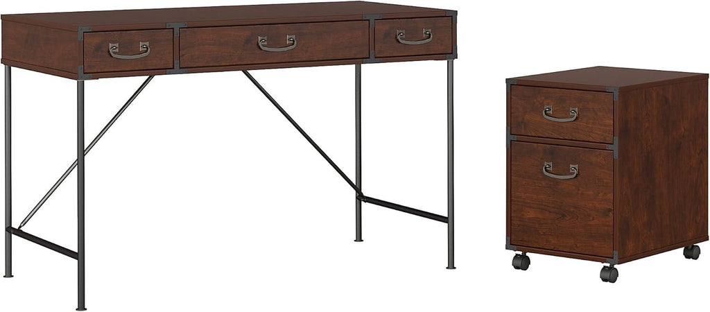 Vintage Golden Pine Writing Desk and 2 Drawer Mobile File Cabinet D64004
