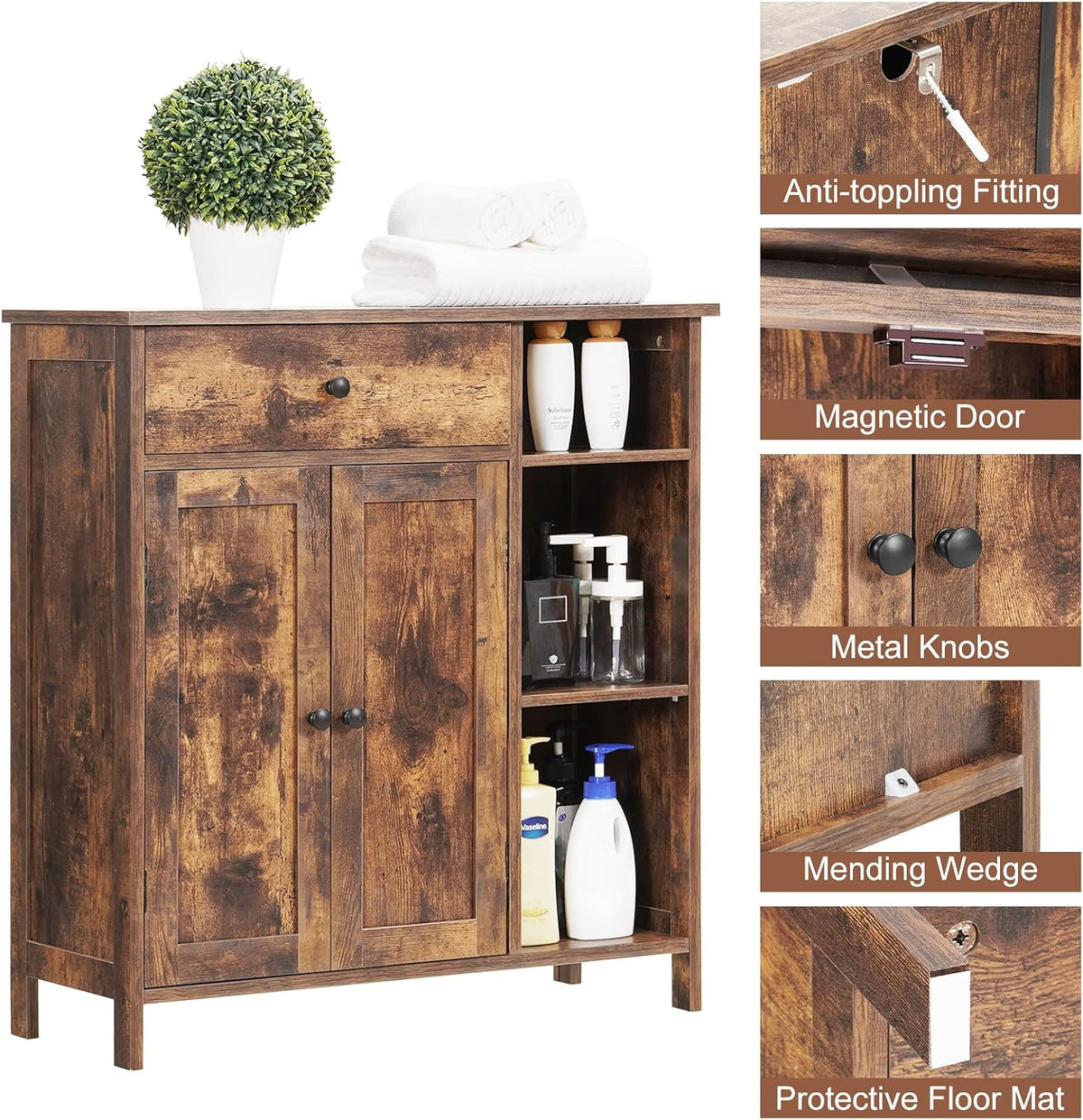 Free-Standing Bathroom Cabinet with 2 Door Drawer Adjustable Shelf 3 Open Shelves E233