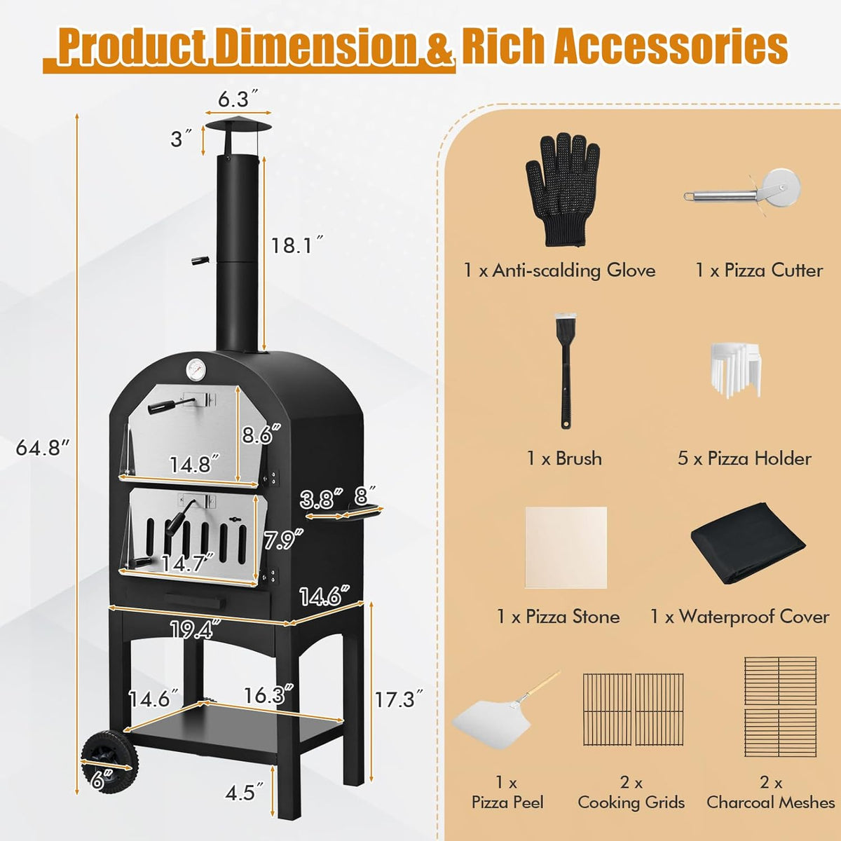 Outdoor Pizza Oven with 12" Pizza Stone, Pizza Peel, Waterproof Cover V57175