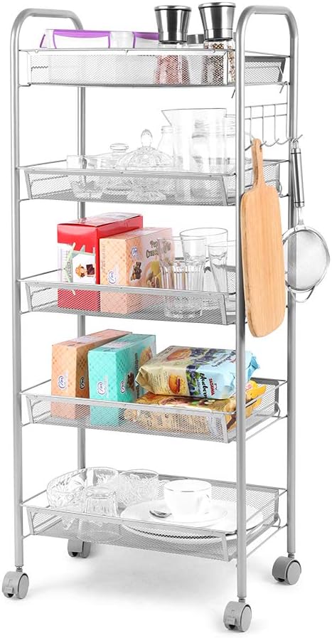 5-Tier Metal Mesh Rolling Utility Cart with Lockable Wheels, Black Y477180