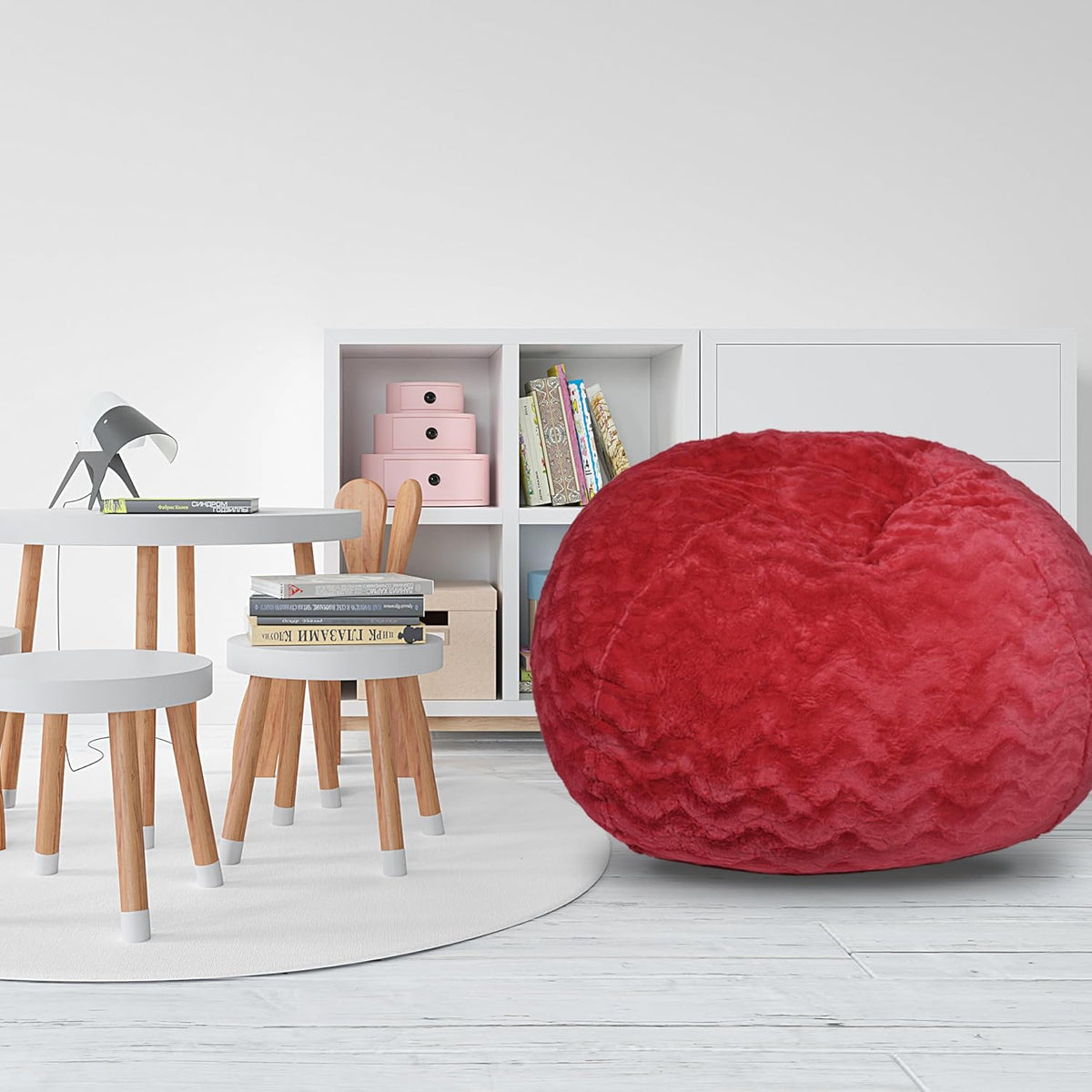 Red Faux Fur Bean Bag Chair with Memory Foam T8370