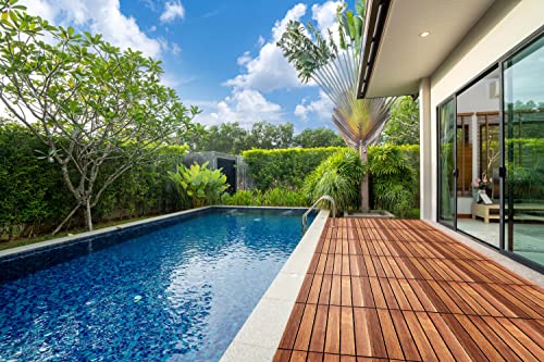 Interlocking Deck Tile (Pack of 10, 12"x12") Acacia Hardwood Patio Tile in Solid Acacia Wooden Oiled Finish Waterproof Golden Teak Color I3245
