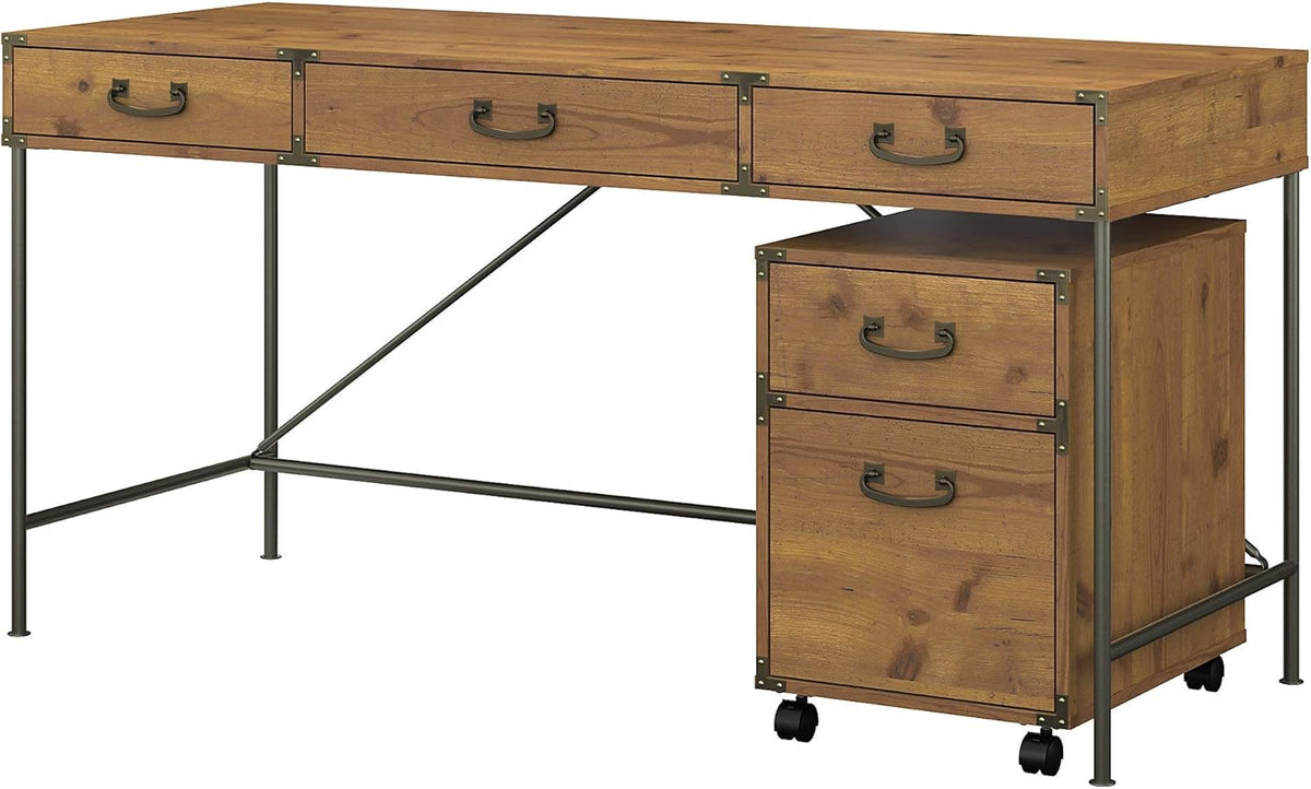Vintage Golden Pine Writing Desk and 2 Drawer Mobile File Cabinet D64004