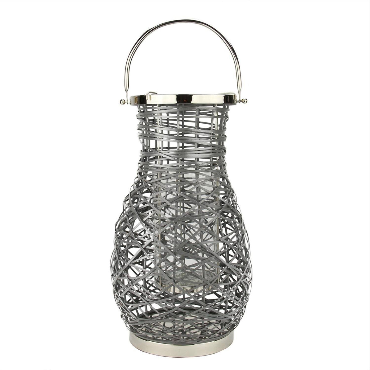 Modern Gray Decorative Woven Iron Pillar Candle Lantern with Glass Hurricane M54980