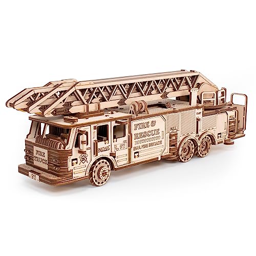 3D Wooden Puzzle Fire Truck Mechanical Model Kit with Wind Up Mechanism, 439 Pieces D8040