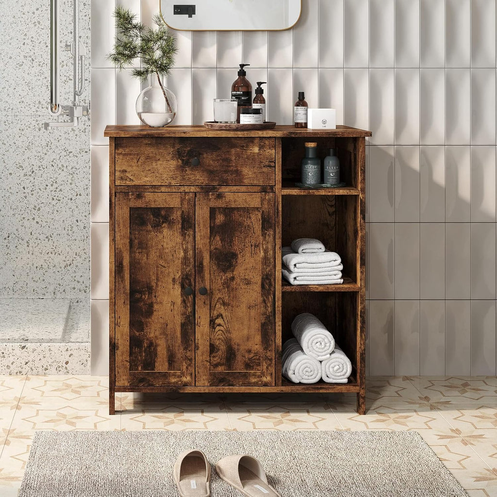 Free-Standing Bathroom Cabinet with 2 Door Drawer Adjustable Shelf 3 Open Shelves E233