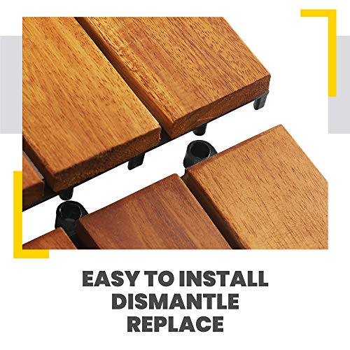 Interlocking Deck Tile (Pack of 10, 12"x12") Acacia Hardwood Patio Tile in Solid Acacia Wooden Oiled Finish Waterproof Golden Teak Color I3245