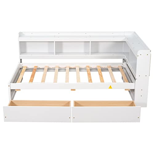 White Pine Wood Twin Size Platform Bed with L-shaped Bookcase Headboard and 2 Storage Drawers G608