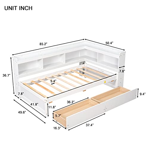 White Pine Wood Twin Size Platform Bed with L-shaped Bookcase Headboard and 2 Storage Drawers G608