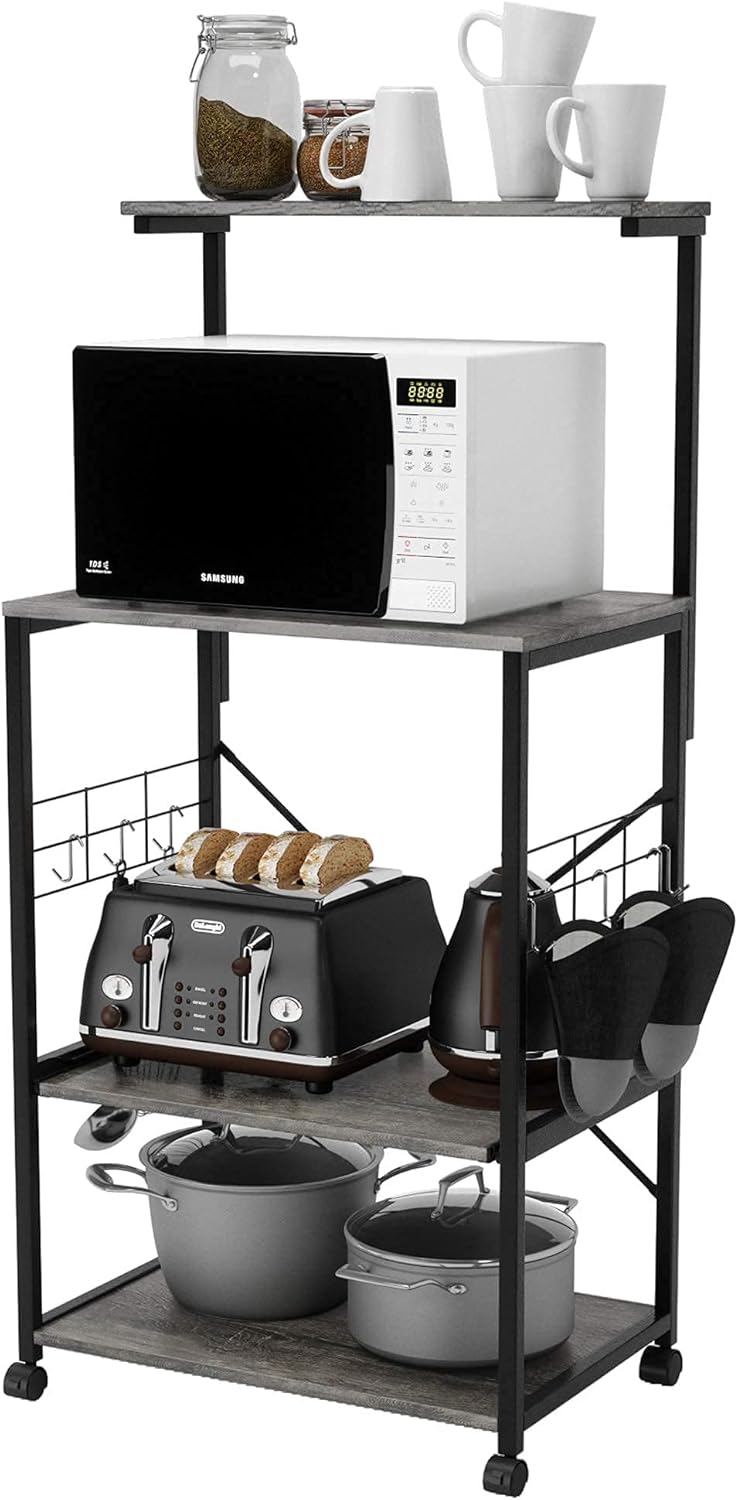 Oak 4 Tier Kitchen Rack with Storage Shelf and Rolling Cart W18779