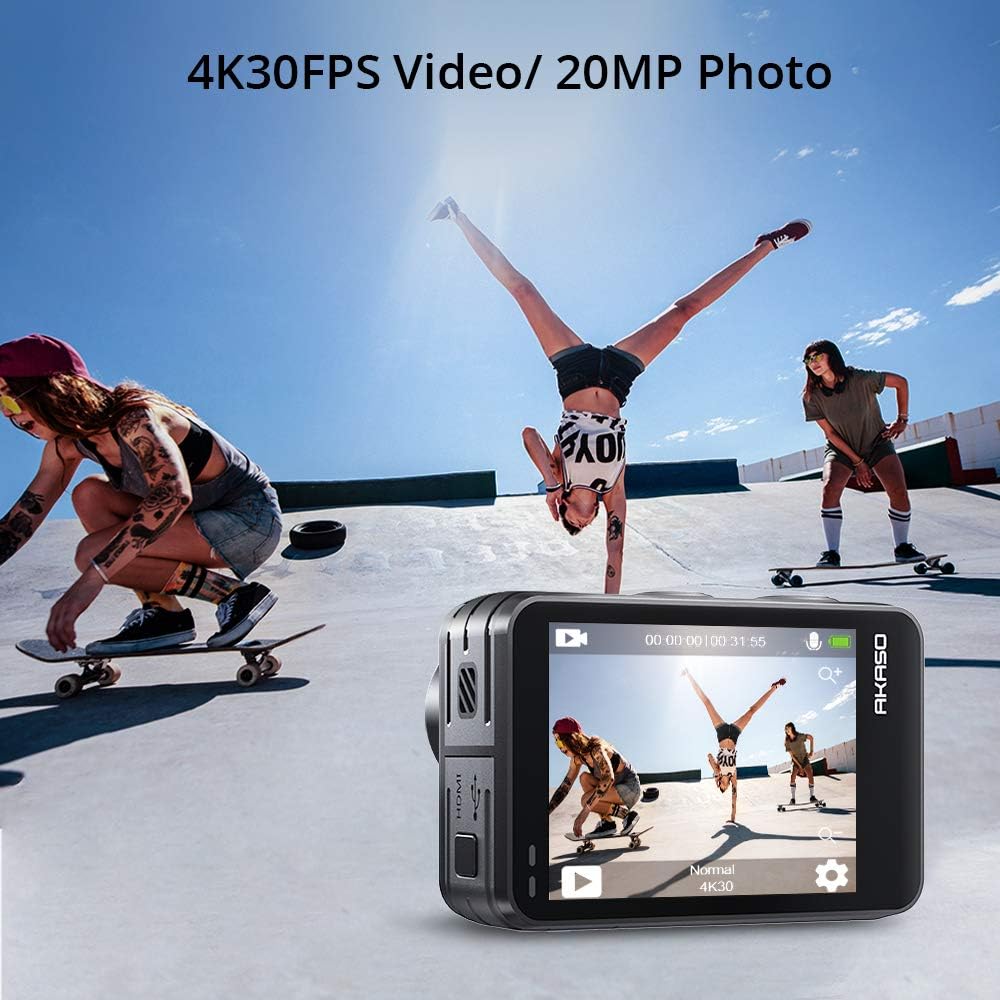 4K30FPS 20MP WiFi Action Camera with Touch Screen EIS 2.0 Remote Control 131 Feet Underwater Camera with 2X 1350mAh Batteries D30723