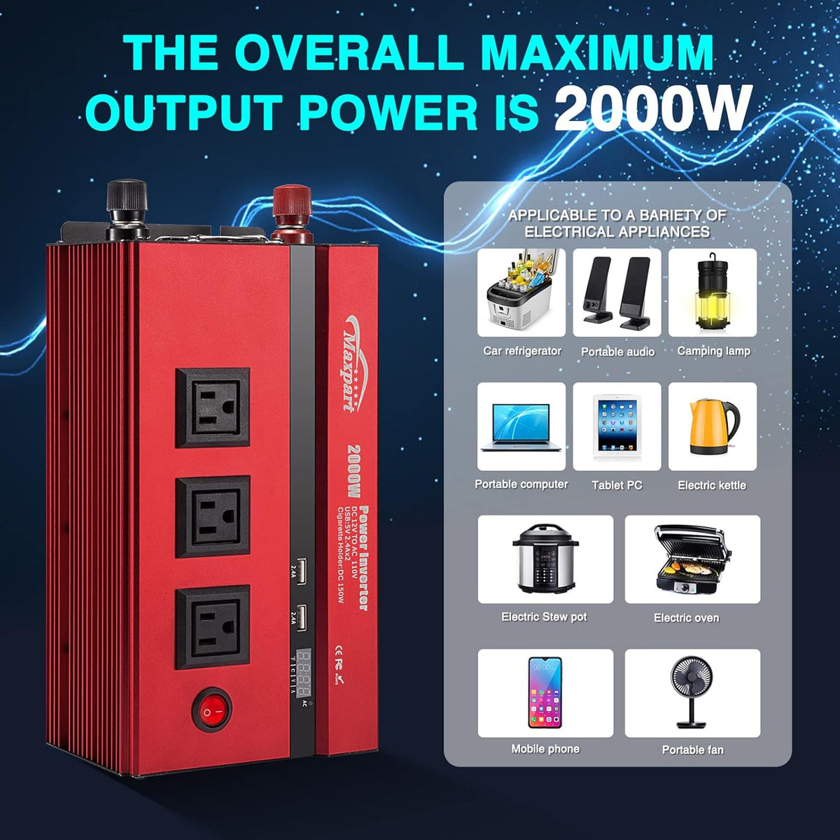 2000W Power Inverter 12v DC to 110v AC Converter with 3 AC Outlets K5779