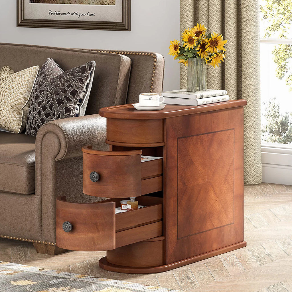 Half Round End Table with 2 Drawers, Sofa Side Desk with Storage, Slim Nightstand, Brown A154854