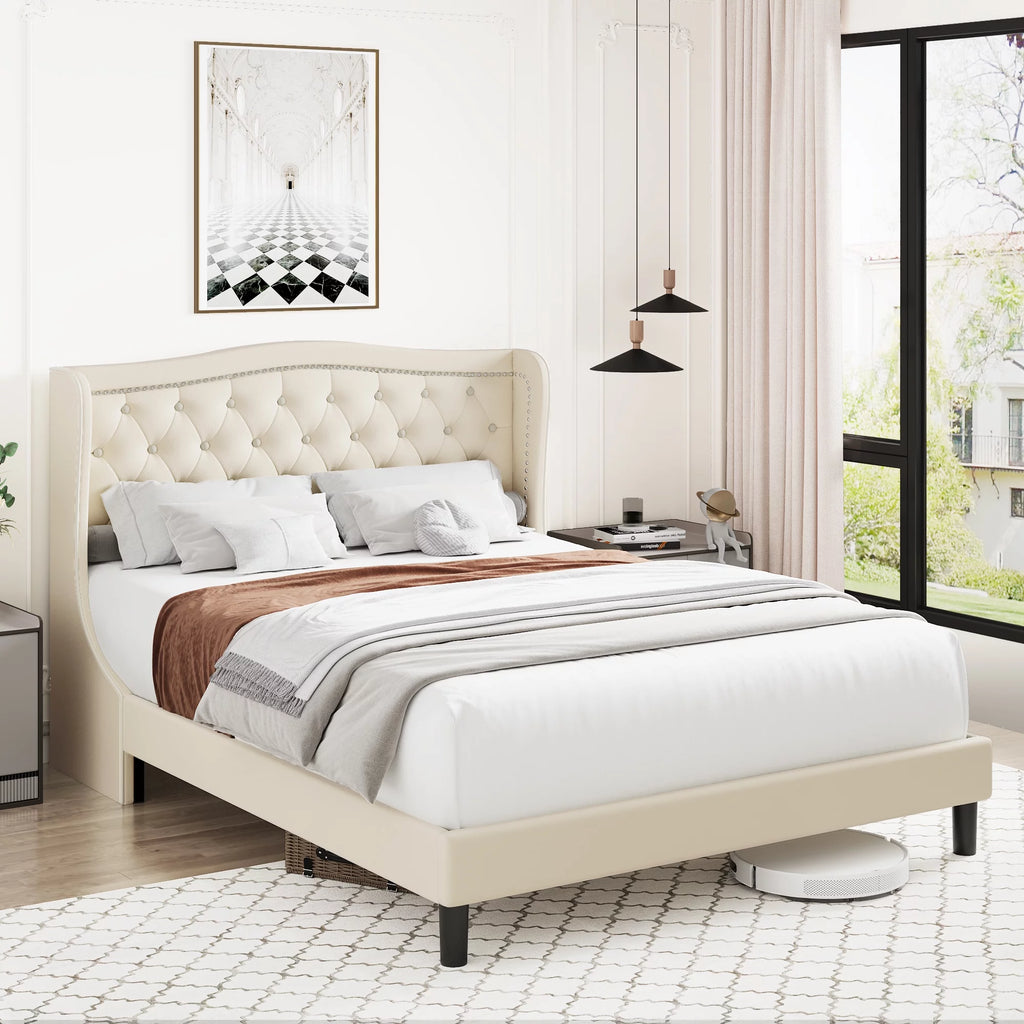 King Bed Frame with Wing-Back Button Tufted Upholstered Headboard L927