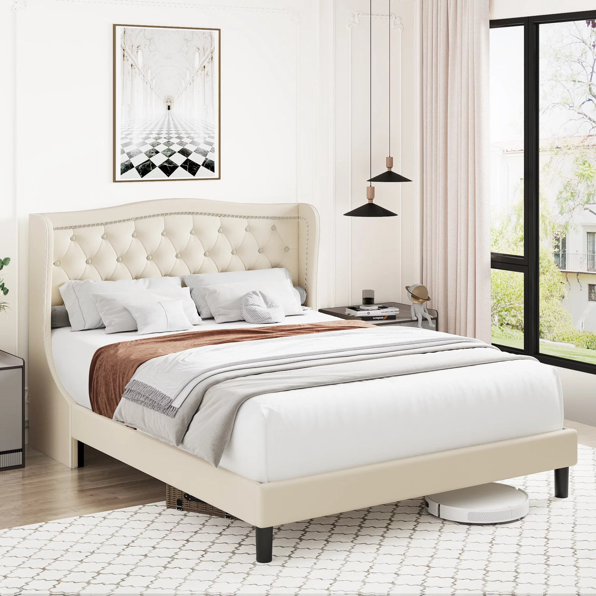 King Bed Frame with Wing-Back Button Tufted Upholstered Headboard L927