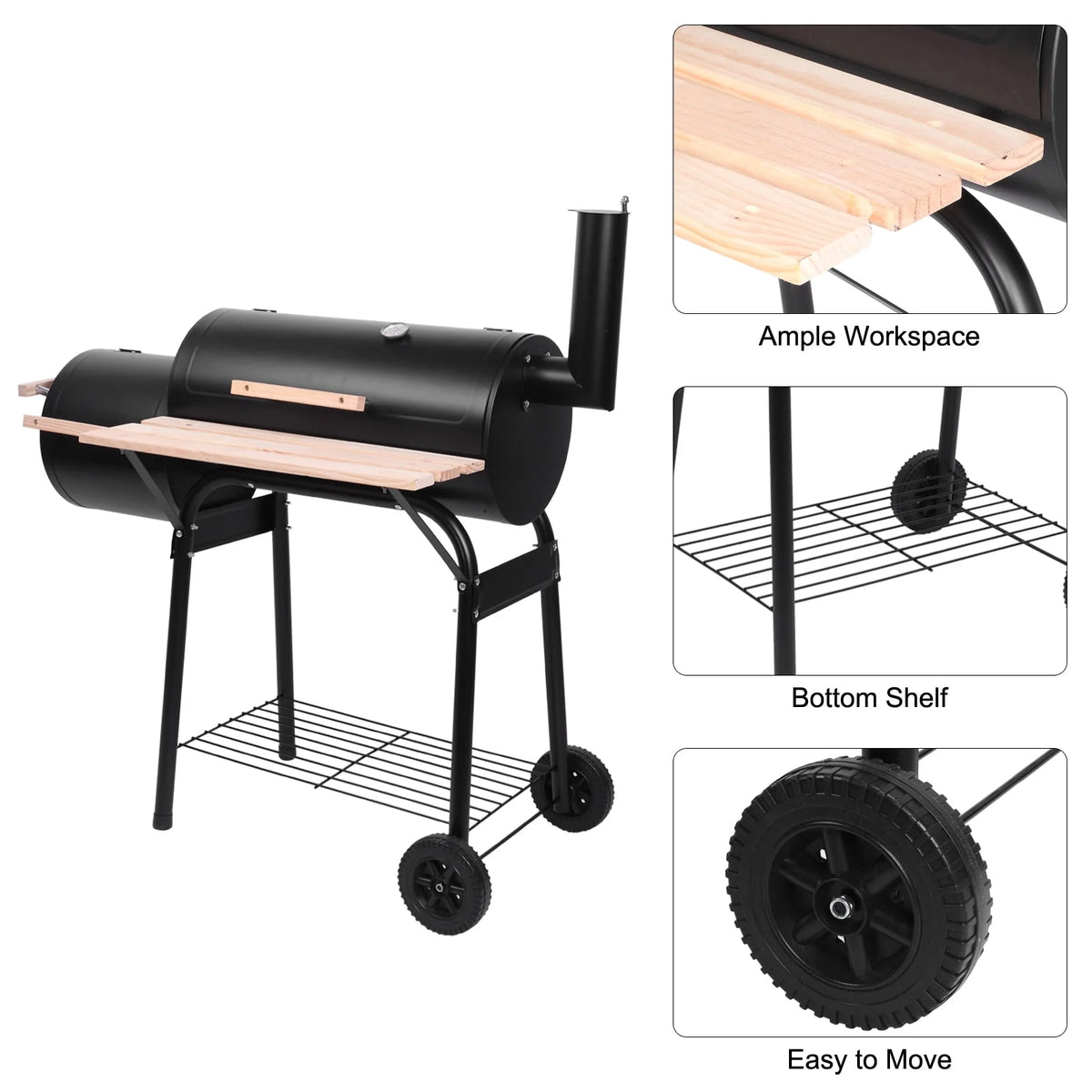 Charcoal Grill Portable BBQ Grill and Offset Smoker Steel BBQ Pit Black O8677