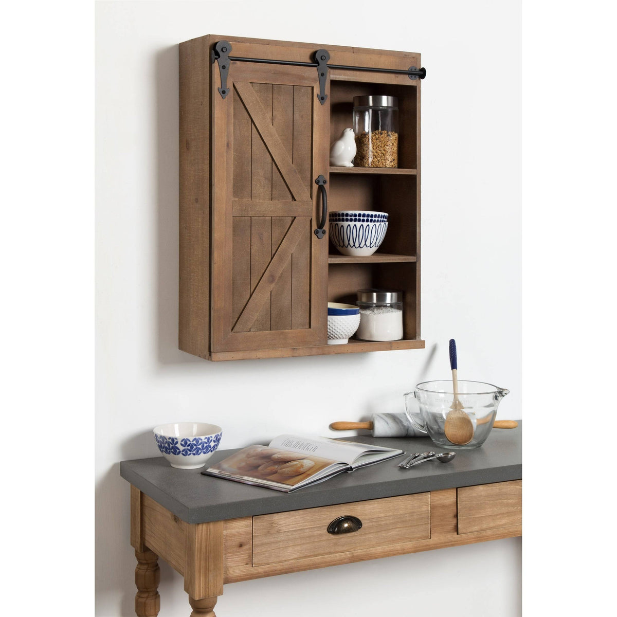 Rustic Gray Wood Wall Storage Cabinet with Sliding Barn Door K179571